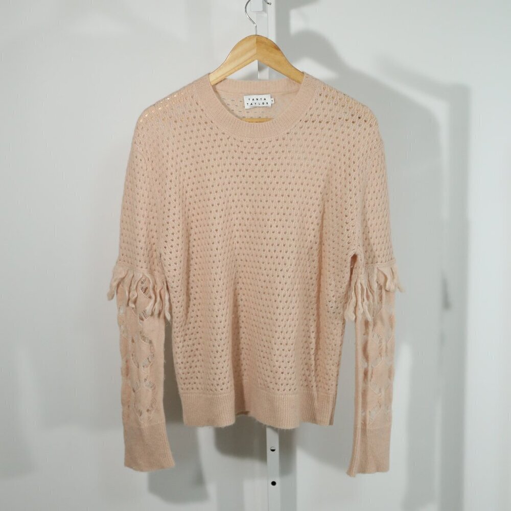 Tanya Taylor Blush Alpaca Wool Open Knit Sweater Cozy Minimalist Luxury (Size M)